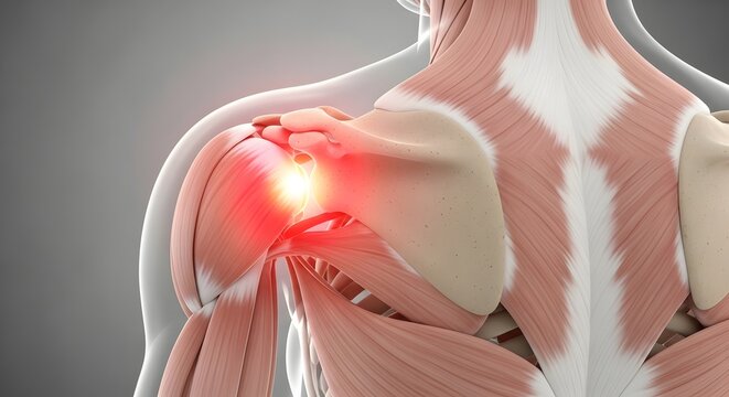 Rotator cuff pain and shoulder muscle anatomy. Sports injury and physical therapy concept. 3D render of human upper back and shoulder with a red glowing area of muscle inflammation