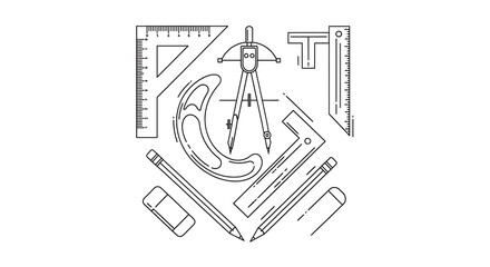 Obraz premium Drafting tools compass ruler eraser pencil french curve