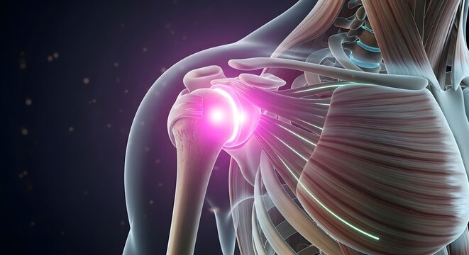 Rotator cuff injury and shoulder muscle anatomy. Physical therapy and orthopedic medicine concept. Detailed 3D render of shoulder tendons and muscles with purple glow