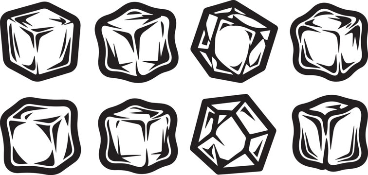 A collection of eight different geometric dice with various patterns and numbers. Vector