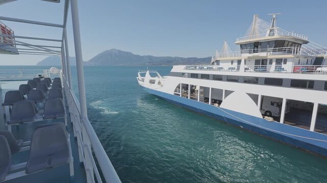 Two ferry boats in port with seating and ro ro ship side view
