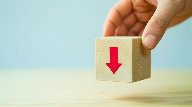 A Hand Holds a Wooden Block with a Red Downward Arrow Symbolizing a Decline or Decrease