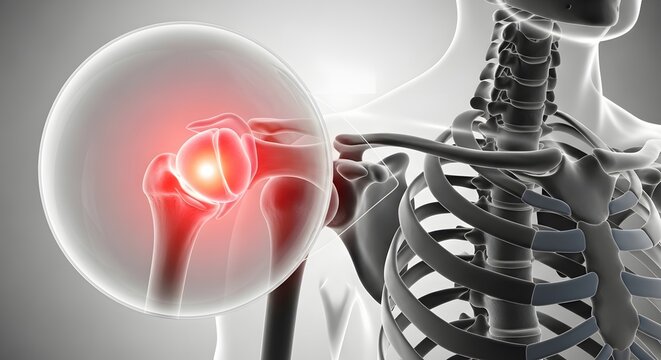 Shoulder joint pain and bone inflammation. Orthopedic healthcare and medical diagnosis. Human skeletal system with a glowing red highlight on the ball and socket joint injury