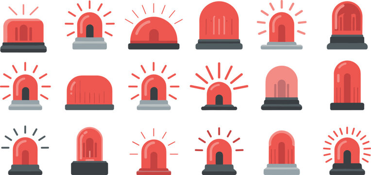 Red emergency siren and police flasher icon set featuring flashing light symbols for security alarm alert systems and safety notification interface design