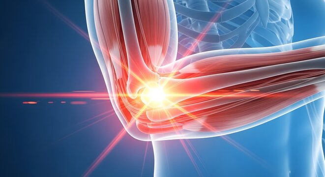 Elbow joint pain and arm muscle inflammation. Orthopedic medical treatment and sports injury. Transparent human arm showing glowing red pain points and muscular tension in the elbow