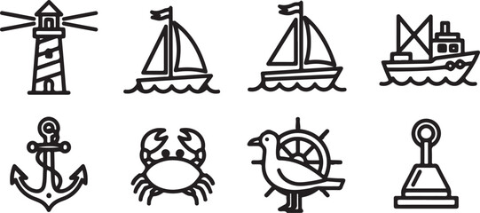 Naklejka premium A collection of nautical-themed illustrations and symbols Vector