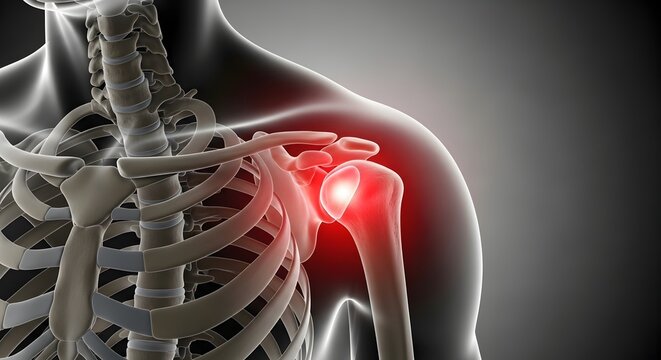 Frozen shoulder and joint inflammation. Orthopedic surgery and medical healthcare. Human skeletal system showing a glowing red pain spot on the humerus and shoulder socket joint