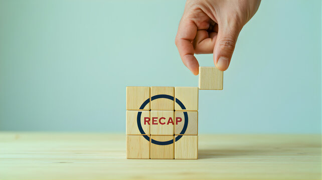 Hand placing a final wooden block to complete the word 'RECAP,' symbolizing the culmination of a business review, project summary, or strategic planning session