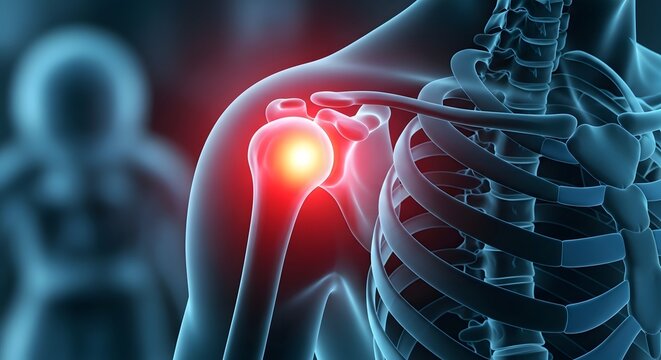 Shoulder impingement and spinal nerve pain. Healthcare medical diagnosis and orthopedics. Human skeletal system showing glowing red inflammation on the shoulder joint and spine
