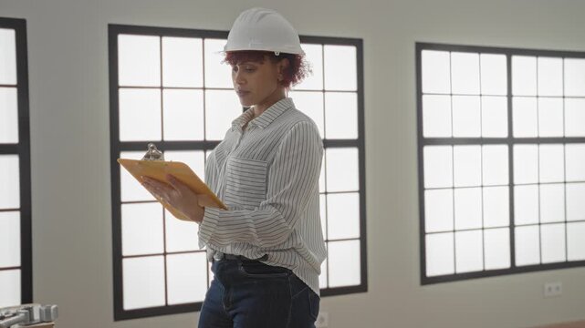 Woman architect in hardhat holds yellow clipboard and inspects an empty house room in building while smiling and checking plans; professional confidence.