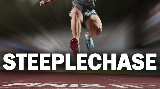 Sports photography of a runner sprinting on a track, low angle view of legs and steeplechase title text overlay.