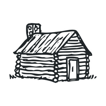 Rustic hand drawn log cabin illustration with a chimney and simple details, evoking a sense of wilderness, home, and traditional architecture.