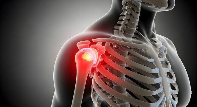 Shoulder socket and humerus bone inflammation. Joint replacement and orthopedic surgery. Skeletal upper body showing glowing red spherical pain at the head of the humerus bone