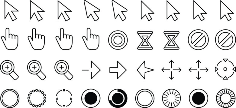 Computer mouse cursor arrow and loading spinner line icon set featuring hand pointer hourglass and navigation symbols for software interface design