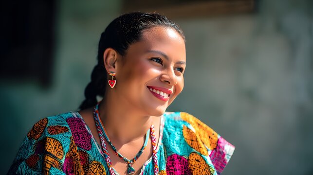 Belizean woman&rsquo;s vibrant portrait radiates warmth showcasing traditional culture and joyful expression