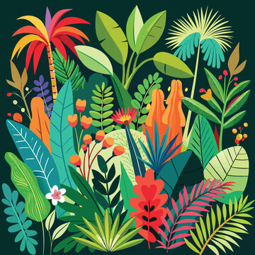 Vibrant flat vector jungle plants composition with green leaves