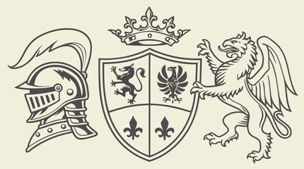 Fototapeta premium Vector heraldic set of illustration in vintage style with shield, crown, different beasts and knight helmet for design. Coat of arms generator. vector 