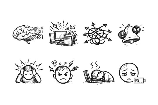 Collection of hand-drawn icons illustrating stress, burnout, and mental overload