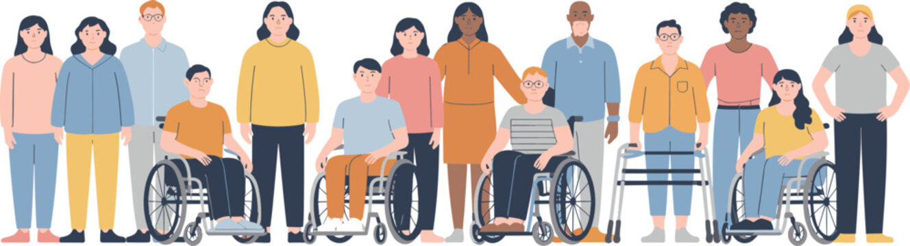 Diverse group of people including individuals in wheelchairs and using walkers representing community inclusion accessibility and social equality for corporate and healthcare design