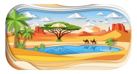 Obraz premium A serene desert landscape with a tranquil oasis featuring camels and palm trees under a vibrant blue sky