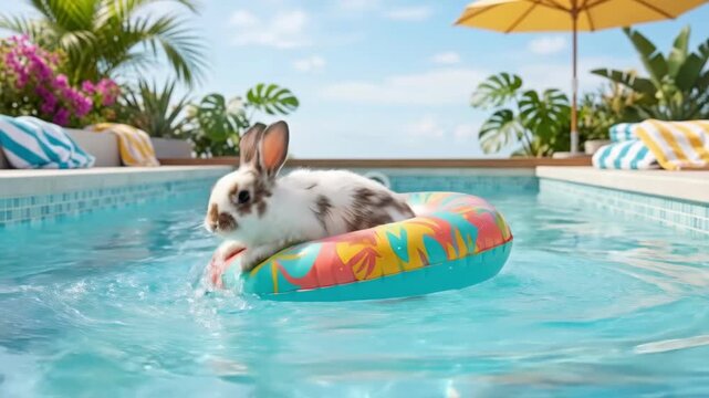 Cute bunny rabbit relaxing in colorful inflatable ring float on swimming pool. Adorable pet summer vacation concept. Tropical poolside scene with palm leaves and sunny weather
