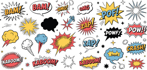 Retro comic book sound effect explosion speech bubble collection with bang crash pow and pop art text for dynamic action graphic design, © Md