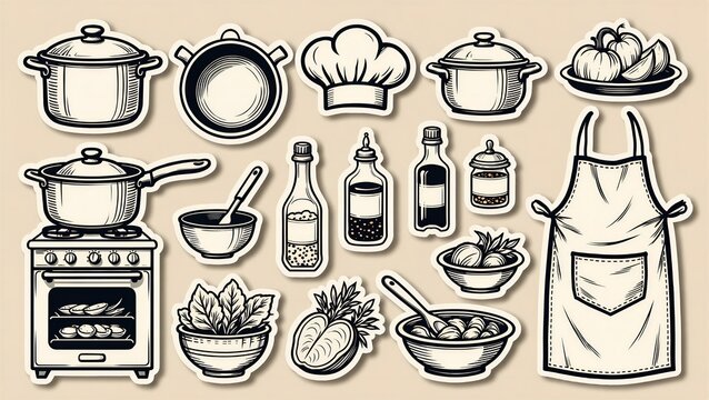 Vintage kitchen icons set with pots, apron, chef hat, and fresh ingredients, expressed warmth and culinary creativity, used for recipe design or cooking blog graphics.