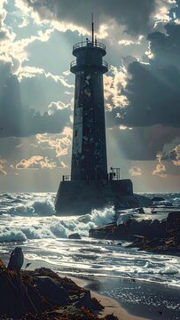 Weathered lighthouse stands tall amidst rough seas, lit by dramatic sun rays filtering through stormy clouds