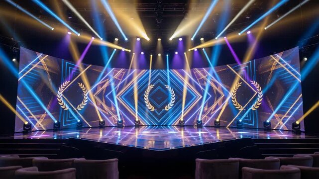 dynamic stage lighting with glowing laurel wreath patterns on a large LED screen, concert venue atmosphere, event production, broadcast