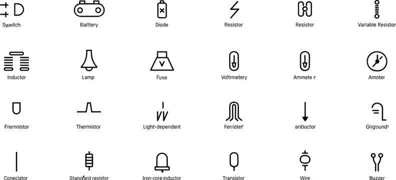 Electronic circuit component icon set featuring symbols for resistor battery diode capacitor and inductor for electrical engineering and physics education design,
