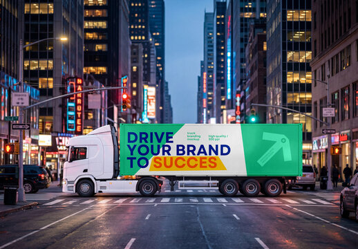 Semi-Truck Trailer Branding Side View Mockup on Night City Street