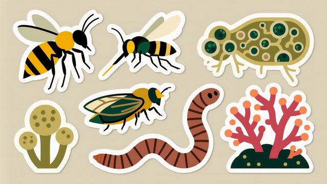 Colorful insect stickers including bees, worm, and coral-like organism, expressed playful and educational for kids' learning materials or classroom decoration.