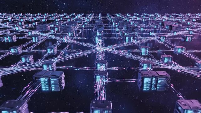 Futuristic network concept with data flowing across nodes in a digital space background for tech visuals
