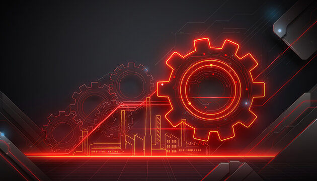 Futuristic Industrial Gears and Factory Outlines in Neon Red, Symbolizing Advanced Manufacturing, Digital Transformation, and Smart Engineering Progress