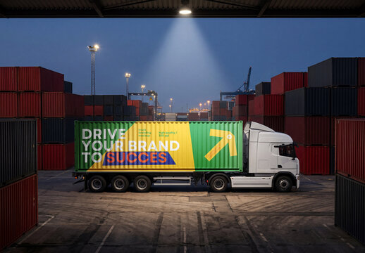 Semi-Truck Trailer Container Branding Mockup in Shipping Port at Night