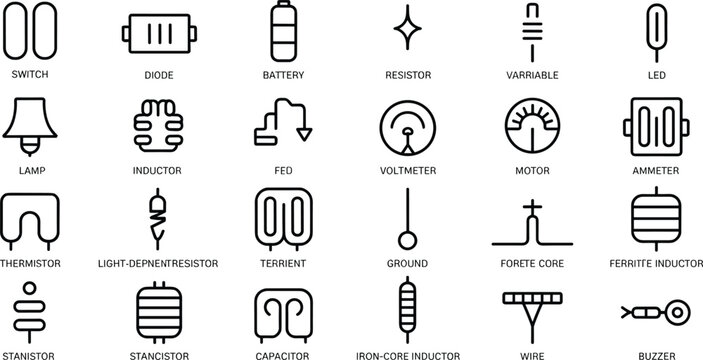 Electronic circuit component icon set featuring symbols for resistor battery diode capacitor and inductor for electrical engineering and physics education design