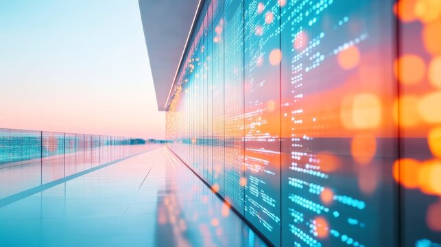 Futuristic architecture a long, reflective walkway mirrors a vibrant digital data wall, glowing with blue and orange code, conceptualizing advanced tech and global connectivity.