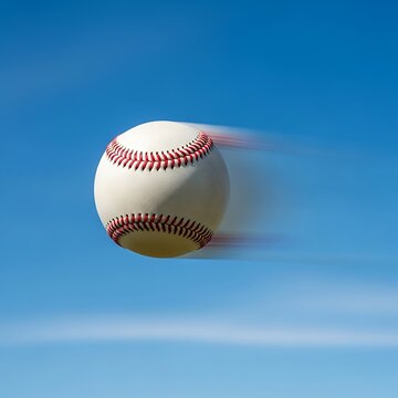 A baseball captured in motion against a blurred sky background. basball