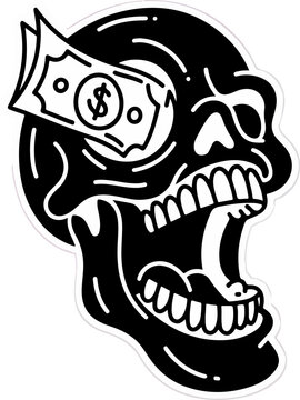 skull with dollar eye black and white vector illustration
