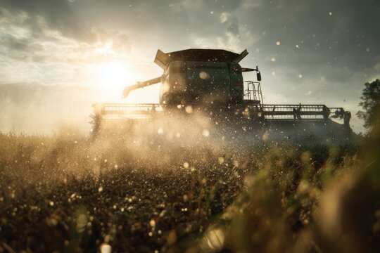 Combine harvester covered in dust and crop debris being power washed in large open field