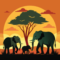 silhouette of elephant family walking at sunset © SHAHNAZ