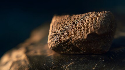 Fototapeta premium Ancient Cuneiform Tablet Reveals History Etched in Clay Warm Light Illuminates Deep Textures