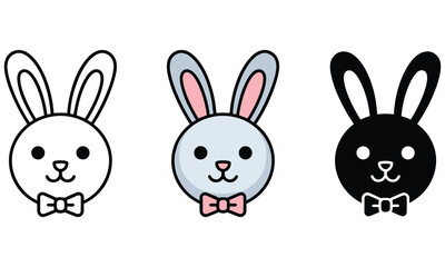 Fototapeta premium Three cartoon bunny faces with bow ties in different colors and styles