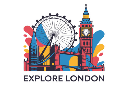 Explore london poster with iconic landmarks. Big ben, london eye, tower bridge, and colorful buildings, travel in uk