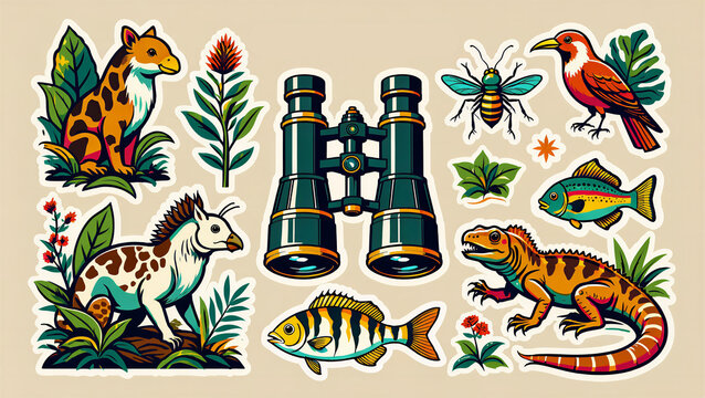 Vintage-style wildlife stickers featuring binoculars, exotic animals, and tropical plants, expressed as playful educational tools for nature lovers and classroom decor.