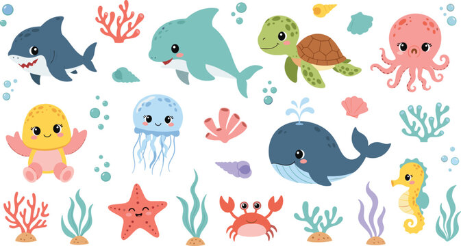 Cute Ocean Animals and Sea Creatures Icon Set with Whale Shark Turtle Octopus Crab Jellyfish Coral and Underwater Elements Illustration.