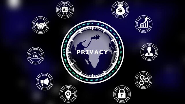 Digital globe with circular representing data privacy and global business strategy concepts on a dark blue background with glowing light particles and technical data for security