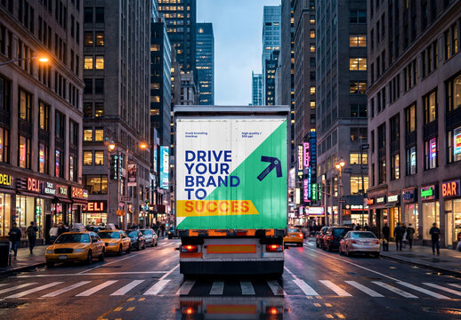 Semi-Truck Box Trailer Back View Mockup in Busy City Street