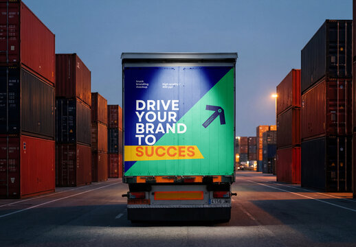 Semi-Truck Rear Container Branding Mockup with Back View in Shipping Port at Night