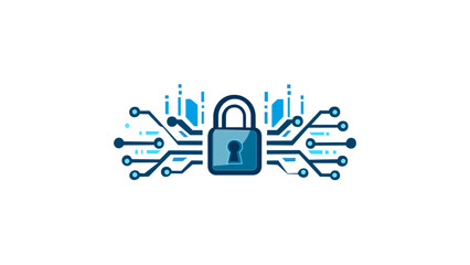Obraz premium Blue digital security padlock vector icon illustration with circuit board patterns, symbolizing cyber protection, data encryption, network safety, privacy, and secure information technology.